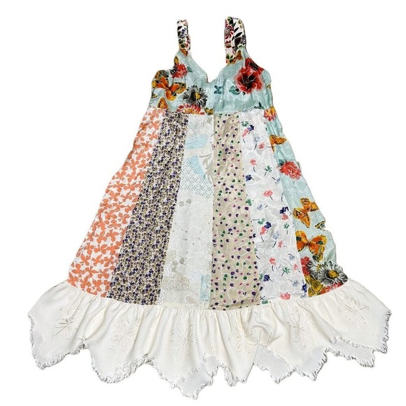 Blue Sky Dress Women's Medium Vintage Y2K Floral Patchwork Embroidered Boho - Picture 2 of 16